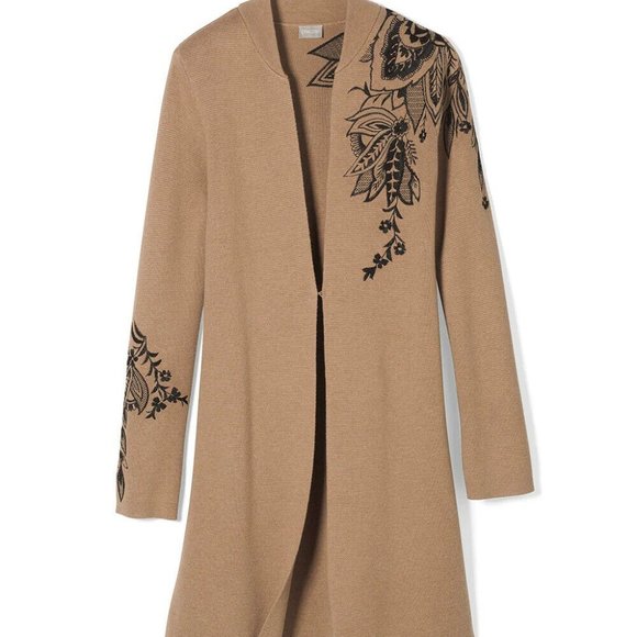 Chico's Sweaters - XL Chico's Camel embroidered sweater w/black fleur